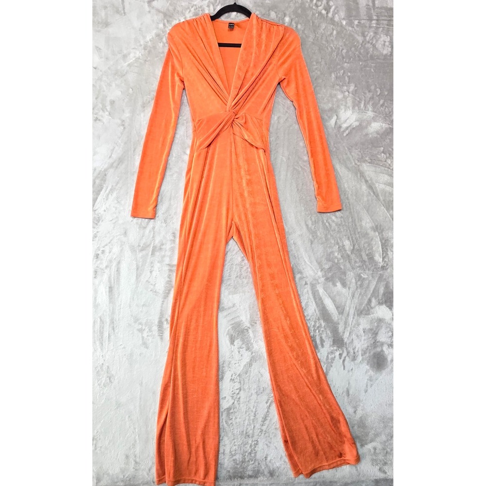 Shein Orange Twist Front Long Sleeve Flared Leg Jumpsuit Small US 4